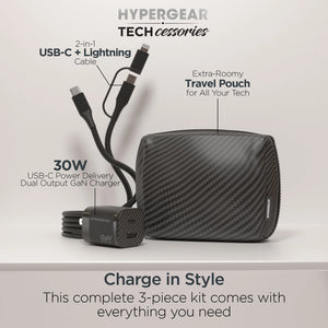 HyperGear TECHcessories | 30W USB-C PD Charging Kit with Travel Pouch Black Carbon