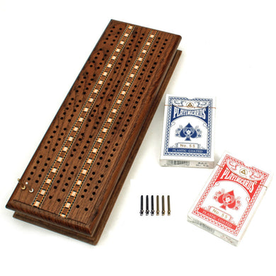 Cabinet Cribbage Set- Solid Oak Medium Stained Wood with Inlay Sprint 3 Track Board with Metal Pegs & 2 Decks of Cards